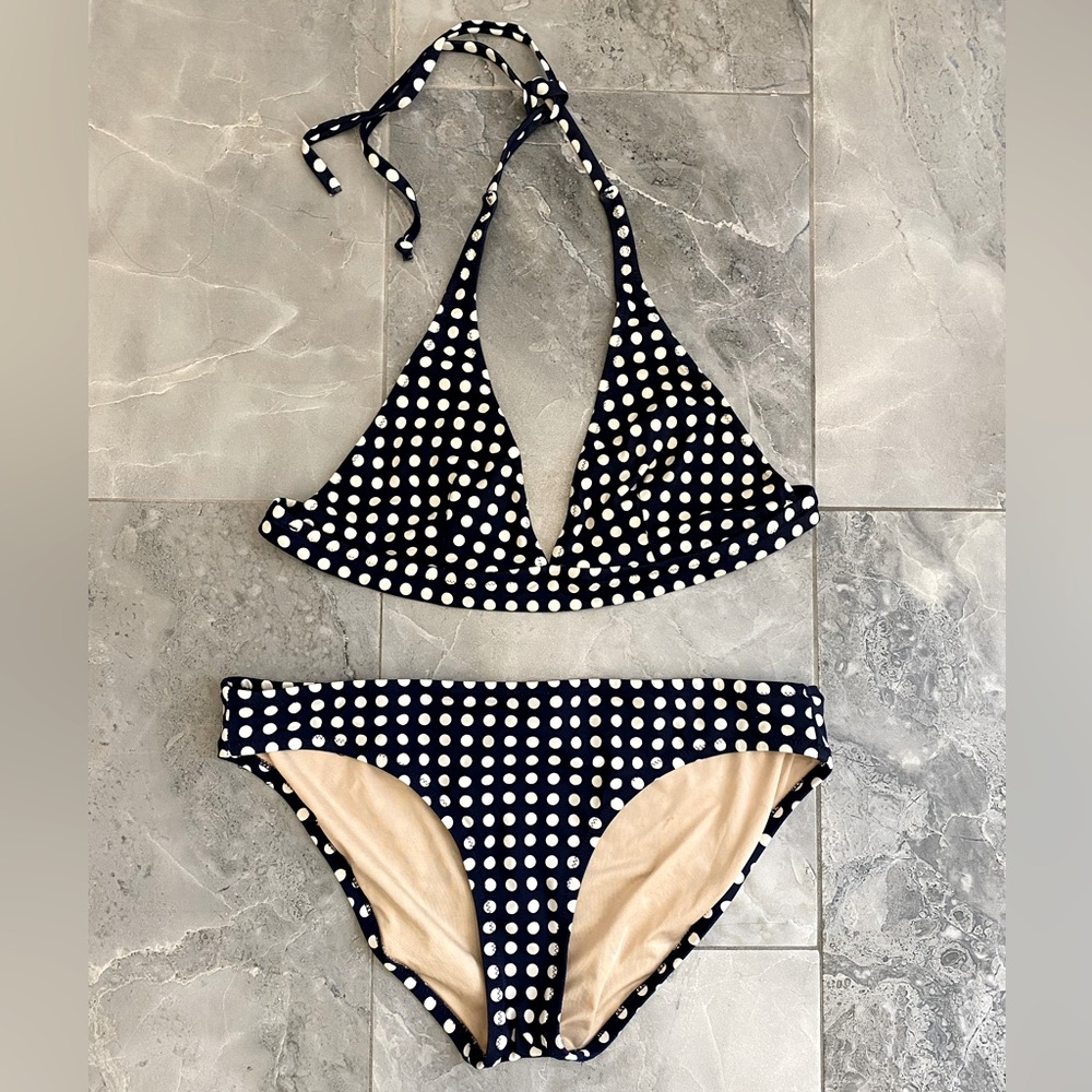 J Crew Dark Navy Polka Dot Bikini Size M